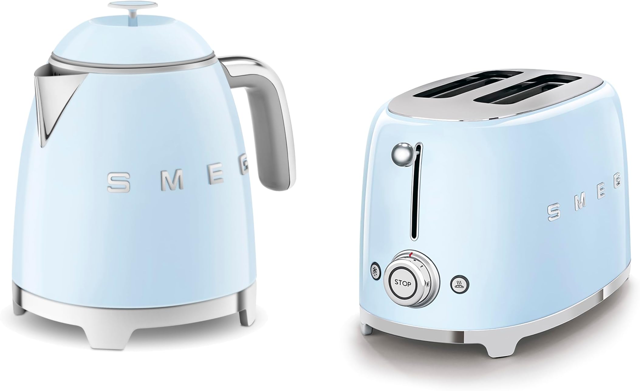 50โs Style Retro Range Breakfast Set, 0.8L 1400W Mini Kettle and Multi-Functional Control 2-Slice 950W Toaster, Pastel Blue, KLF05PBUK/ TSF01PBUK