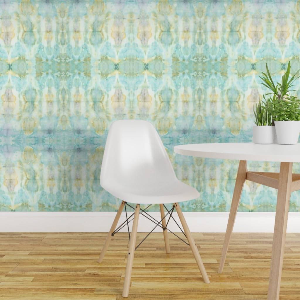 Removable Wallpaper Swatch - Shibori Aqua Watercolor Beach Sea Tie Dye Coastal Nautical Custom Pre-Pasted Wallpaper by Spoonflower