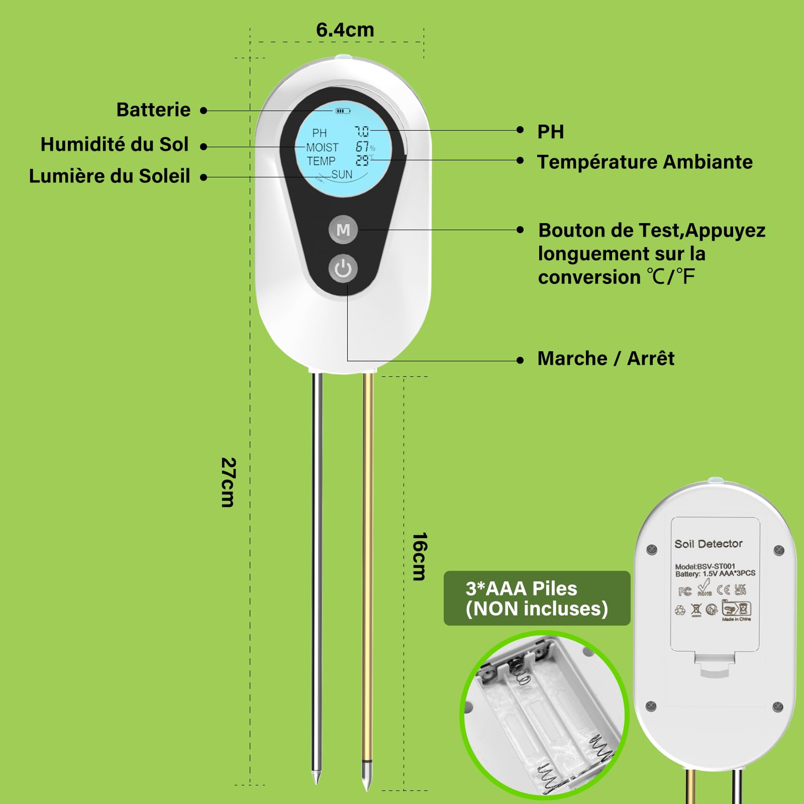 BURMONG Testeur Humidité Plante, 4 en 1 Hygrometre Plante avec Humidité/pH/Température/Lumière Solaire, Testeur pH Sol pour Jardinage, Agriculture et Plantes d'Extérieur
