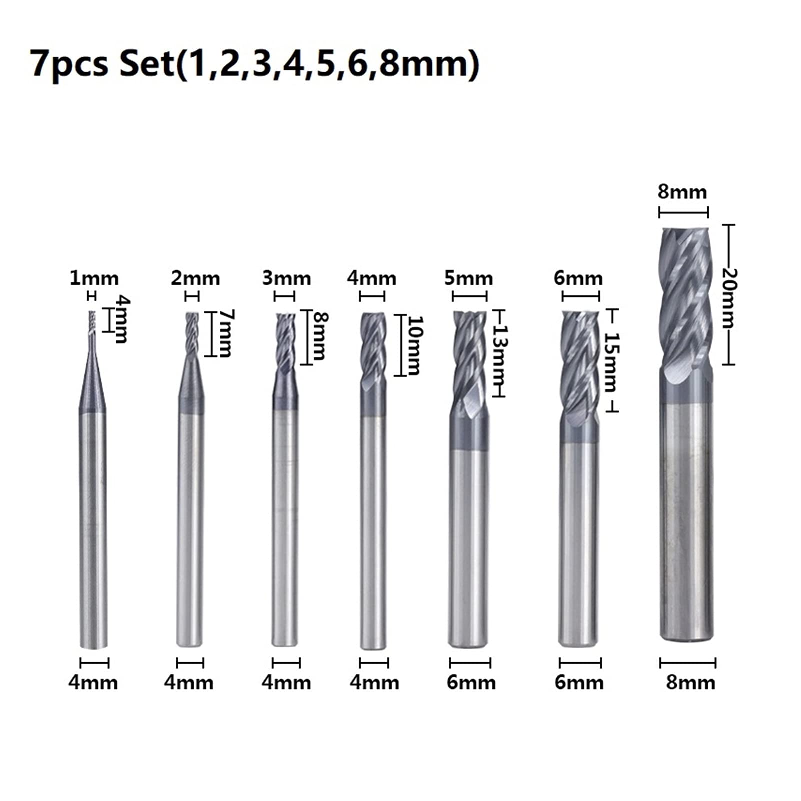 Zestaw bitów routera 4 Fletu Frezarka końcowa Carbide 5/7 / 8 sztuk 1-12mm Frezarki CNC Frezy trzpieniowe JIYAMI'EN EL (Size : 7pcs 1 8mm Set)