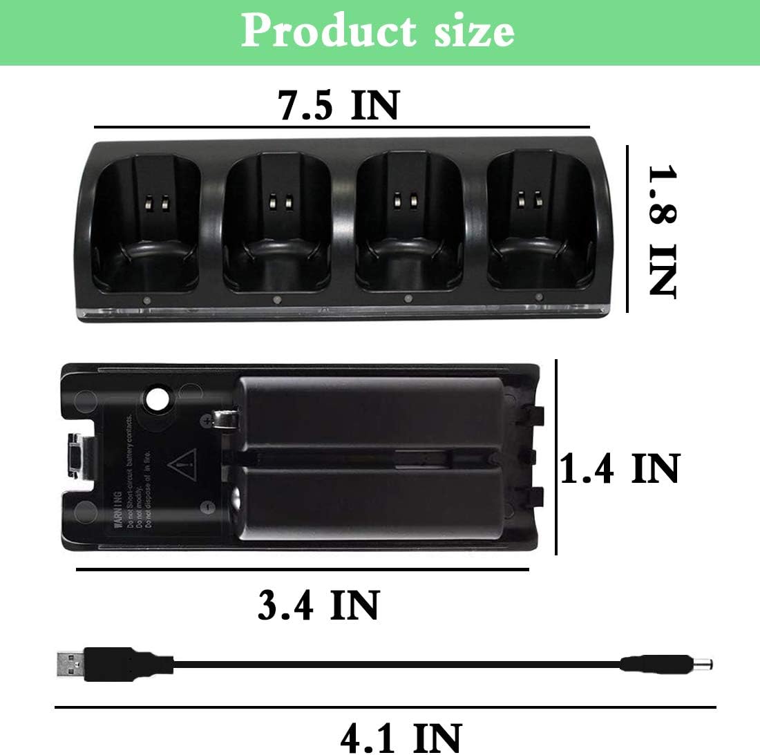 Liphontcta 4 Pcs 2800mAh Rechargeable Cells for Wii, 4 in 1 Wii Charging Dock Station for Wii Remote N-Switch Accessory for Wii/Wii U Controller(Black)