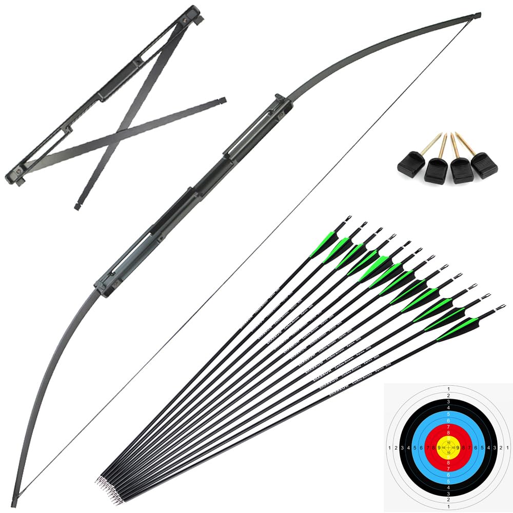 Arco Dritto Pieghevole Portatile per Tiro con l'arco Takedown Arco Ricurvo e Set di Frecce Longbow 35lbs 55lbs per Giovani Adulti Pratica di Tiro al Bersaglio