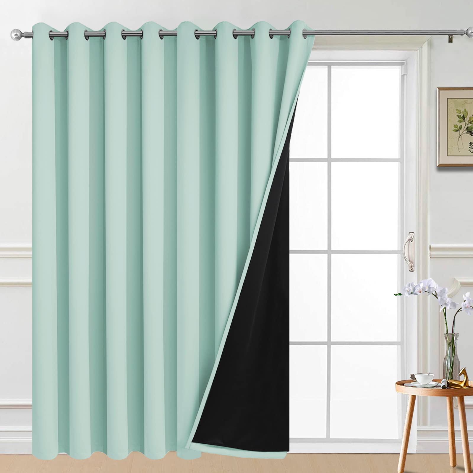 Yakamok 100% Wide Blackout Curtain 100 x 96 Inches for Sliding Glass Door, Grommet Light Blocking Thermal Insulated Room Divider Curtain for Living Room, 1 Panel,8.3ft Wide x 8ft Tall, Aqua