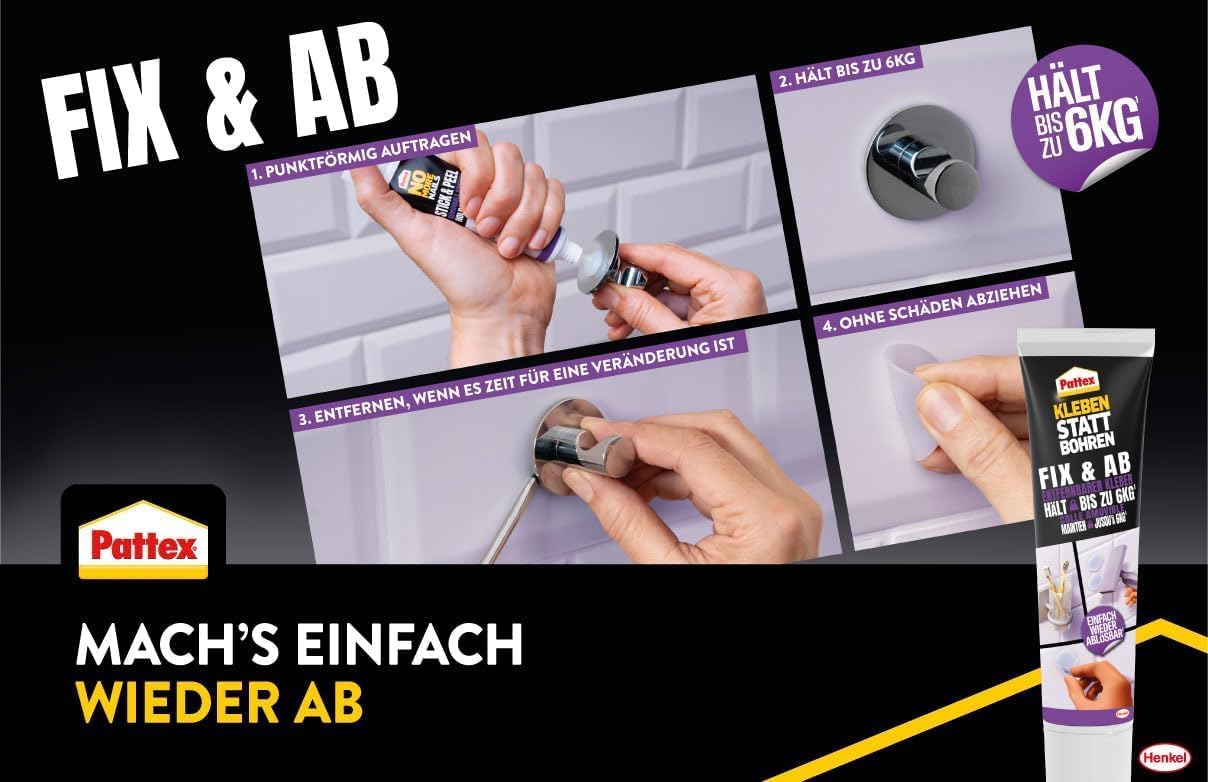 Pattex Montaggio Rimovibile Kleben statt Bohren Fix & Ab, Adesivo Forte per Mensole e Supporti a Parete, Tubo 44 g, PVC