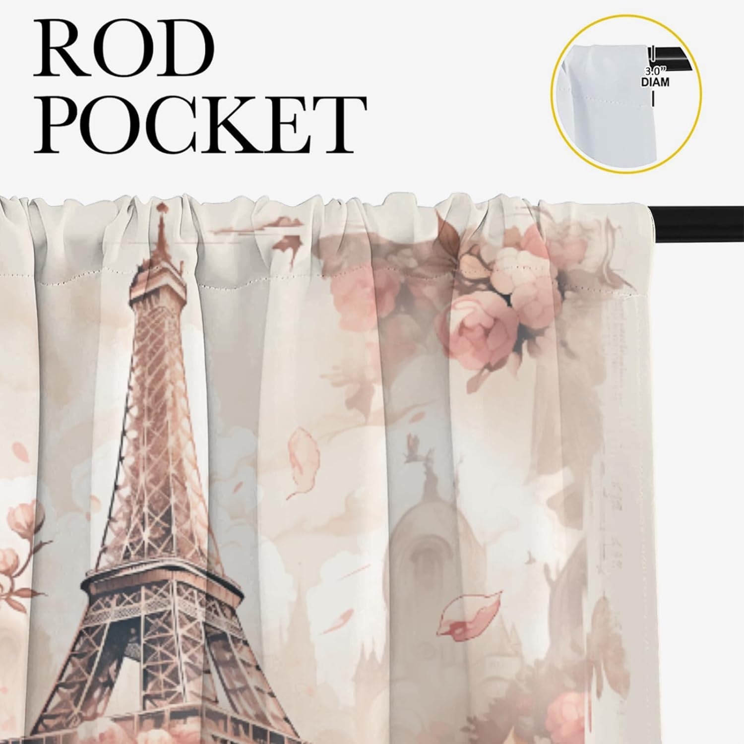 Paris Tower, Blackout Drapes Vintage Floral and France Romance Street Rustic Rod Pocket Light Reducing Curtain Panels for Living Room 63x63 Inch