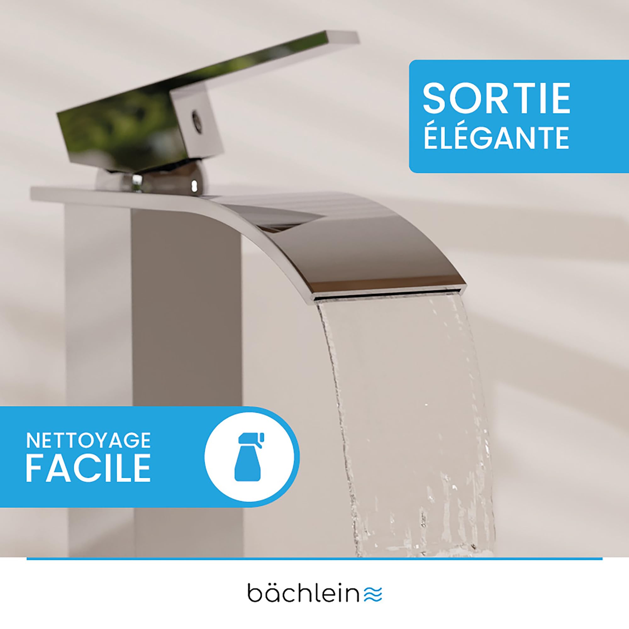 Bächlein Robinet de salle de bain en forme de cascade - Mitigeur monocommande extra haut avec kit de montage pour lavabo à poser - Chromé
