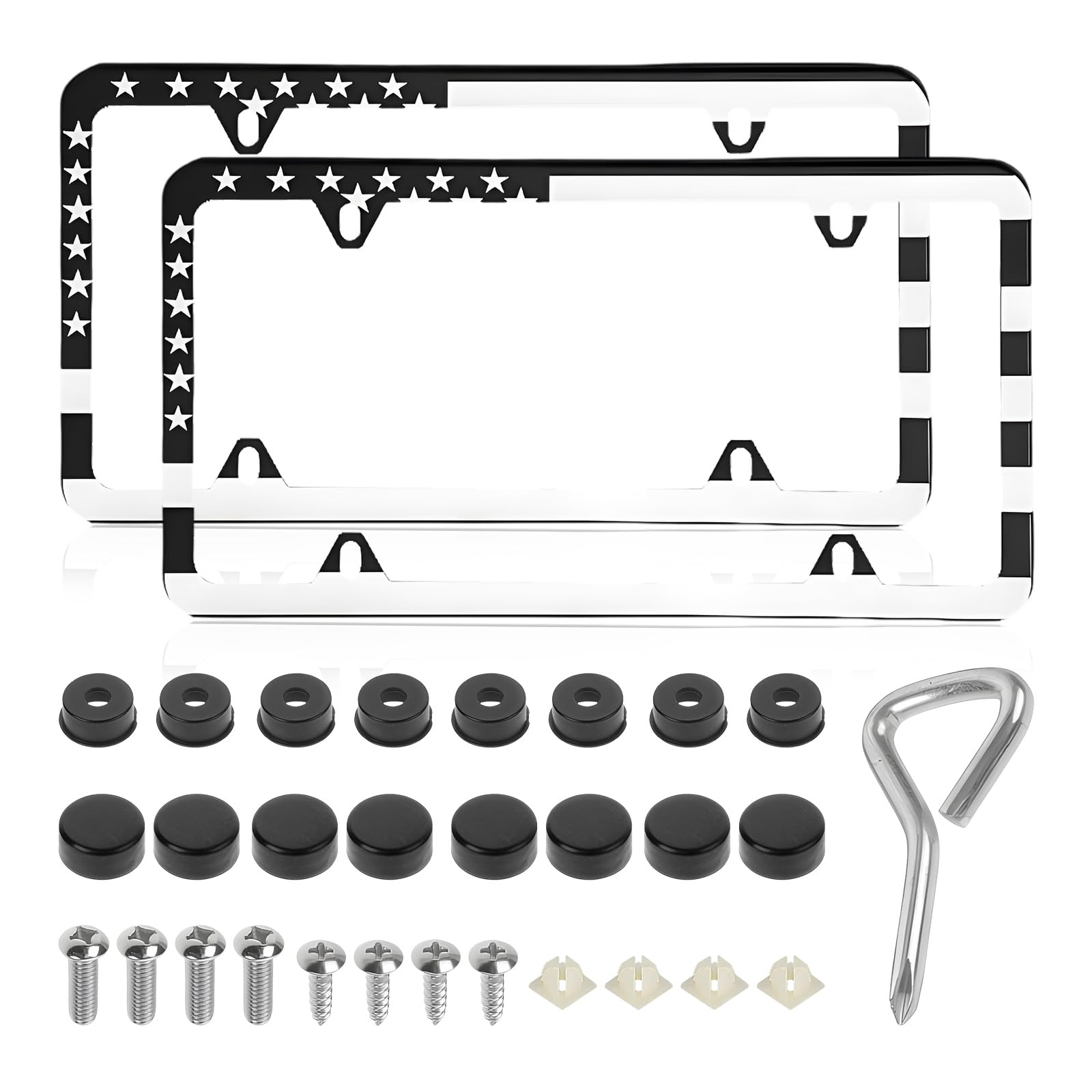 2 PCS American Flag License Plate Frames, Patriotic USA Auto Plate Cover with Free Screws Fasteners Caps and Tool, Rust-Proof Aluminum Car Tag Holder Cover for Front Rear (White)