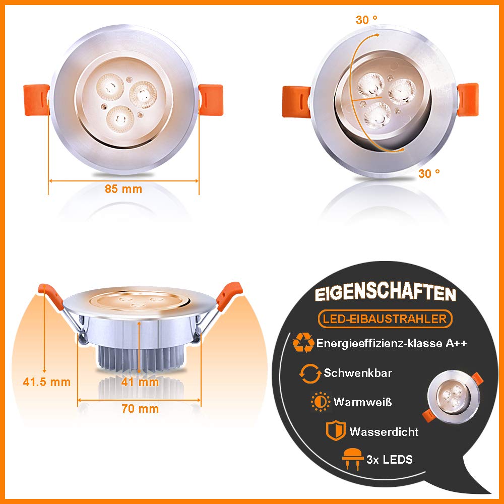 LED Einbaustrahler, Ultra Flach 3W 230V Spots Einbauleuchten, 3200K Warmweiß, IP20 Schutzart, 30° Schwenkbar, Für Badezimmer Und Wohnzimmer, 20er Set [Energieklasse A++]