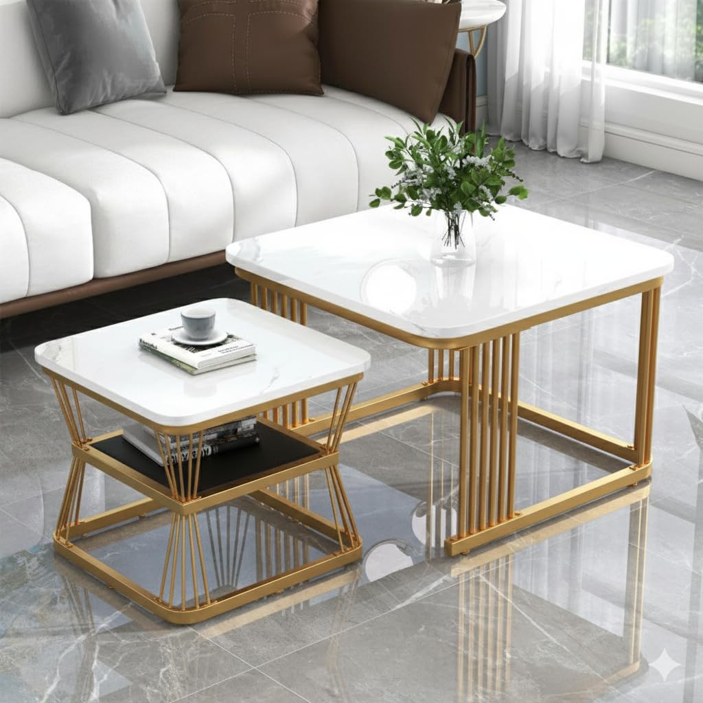 Modern Marble Finish Square Coffee Table Set of 2 Piece, Nesting Table/End Tabl/Side Table Luxury Center Table for Living Room/Drawing Room/Balcony (Golden White)-image-17