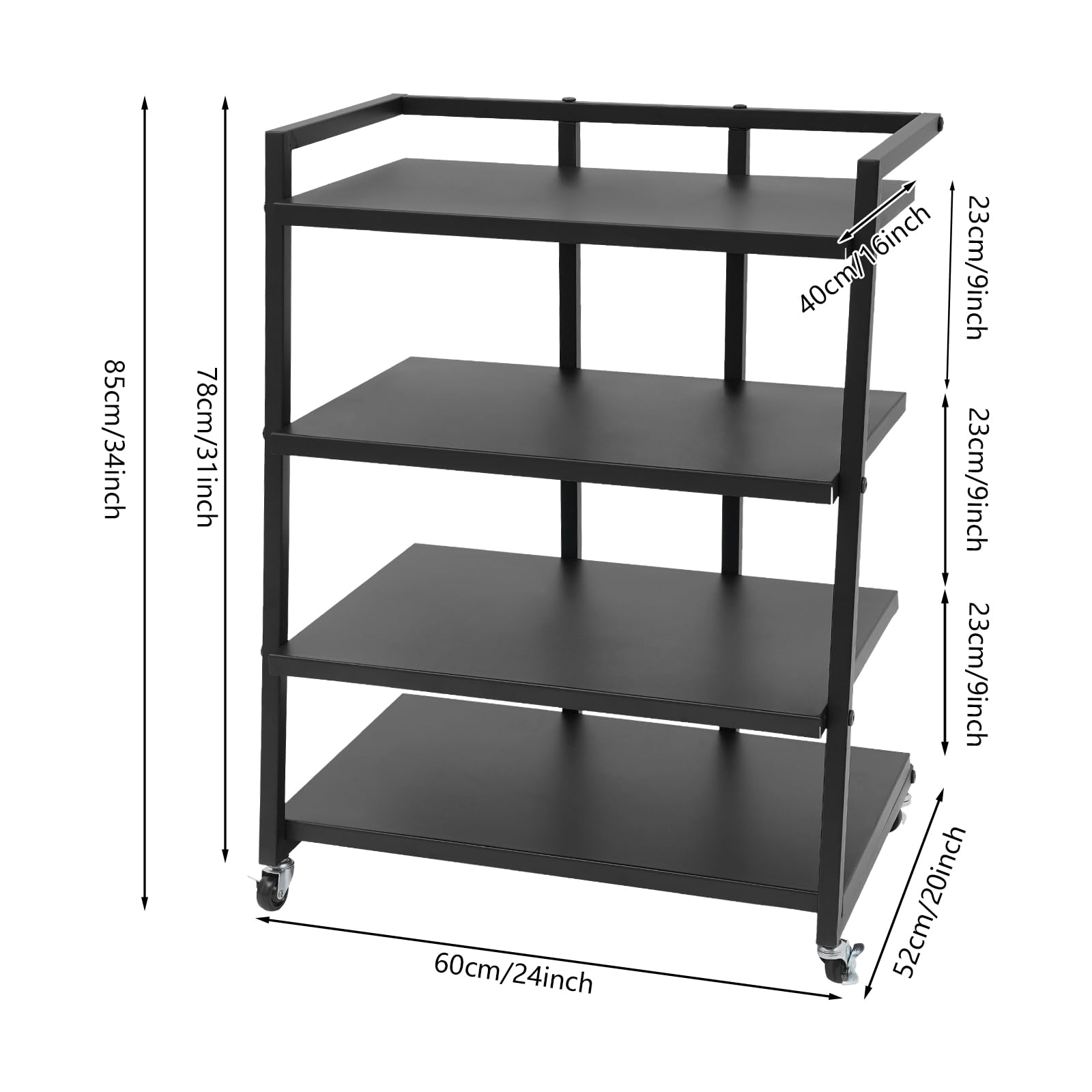 Scaffale HiFi a 4 livelli in metallo con ruote, per giradischi, impianti stereo, stoccaggio di dischi in vinile, versatile come scaffale HiFi o scaffale d'appoggio, 60 x 52 x 85 cm