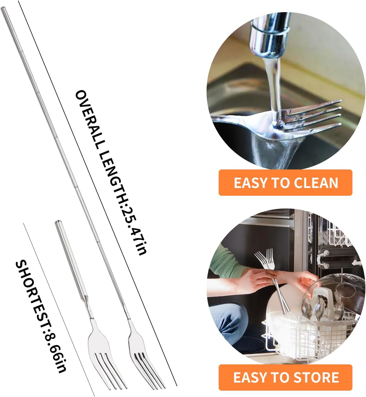 2PCS Extendable Fork, Telescopic Forks Stainless Steel Dinner Long Forks Extends to 25 Inches, BBQ Fruit Dessert Long Handle Fork Cutlery Set