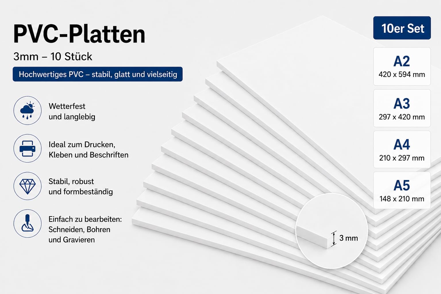 Płyta PCW 3 mm, biała, A2 - opakowanie 10 sztuk (420 x 594 mm) - pusta płyta z tworzywa sztucznego do tabliczek reklamowych, majsterkowania i modelarstwa