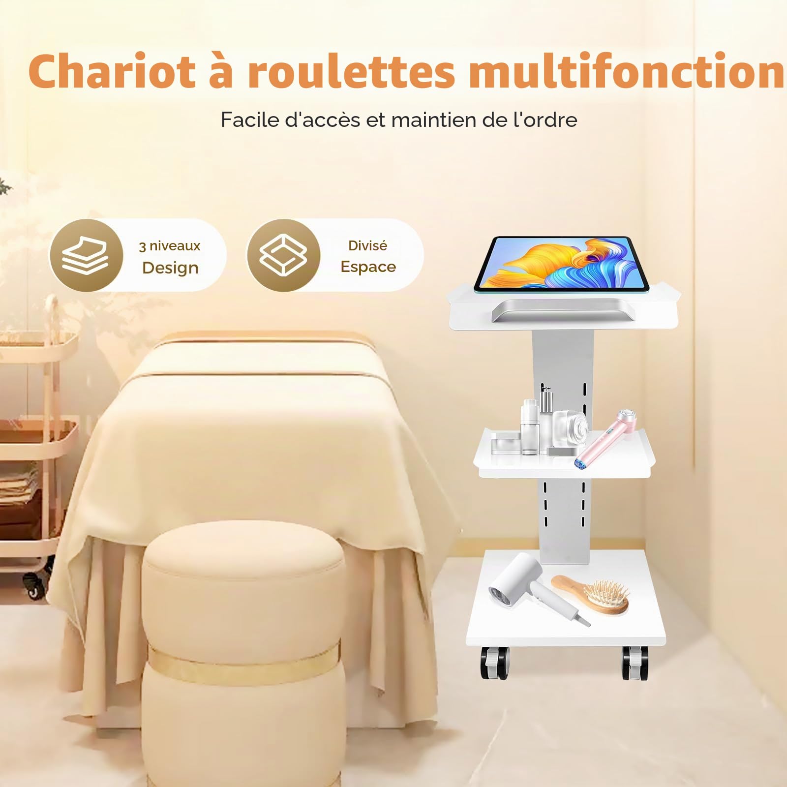 Chariot à outils médicaux - Chariot pour appareils dentaires - Chariot portable avec prise de courant confortable - Chariot de clinique à roulettes avec plateau pour instruments