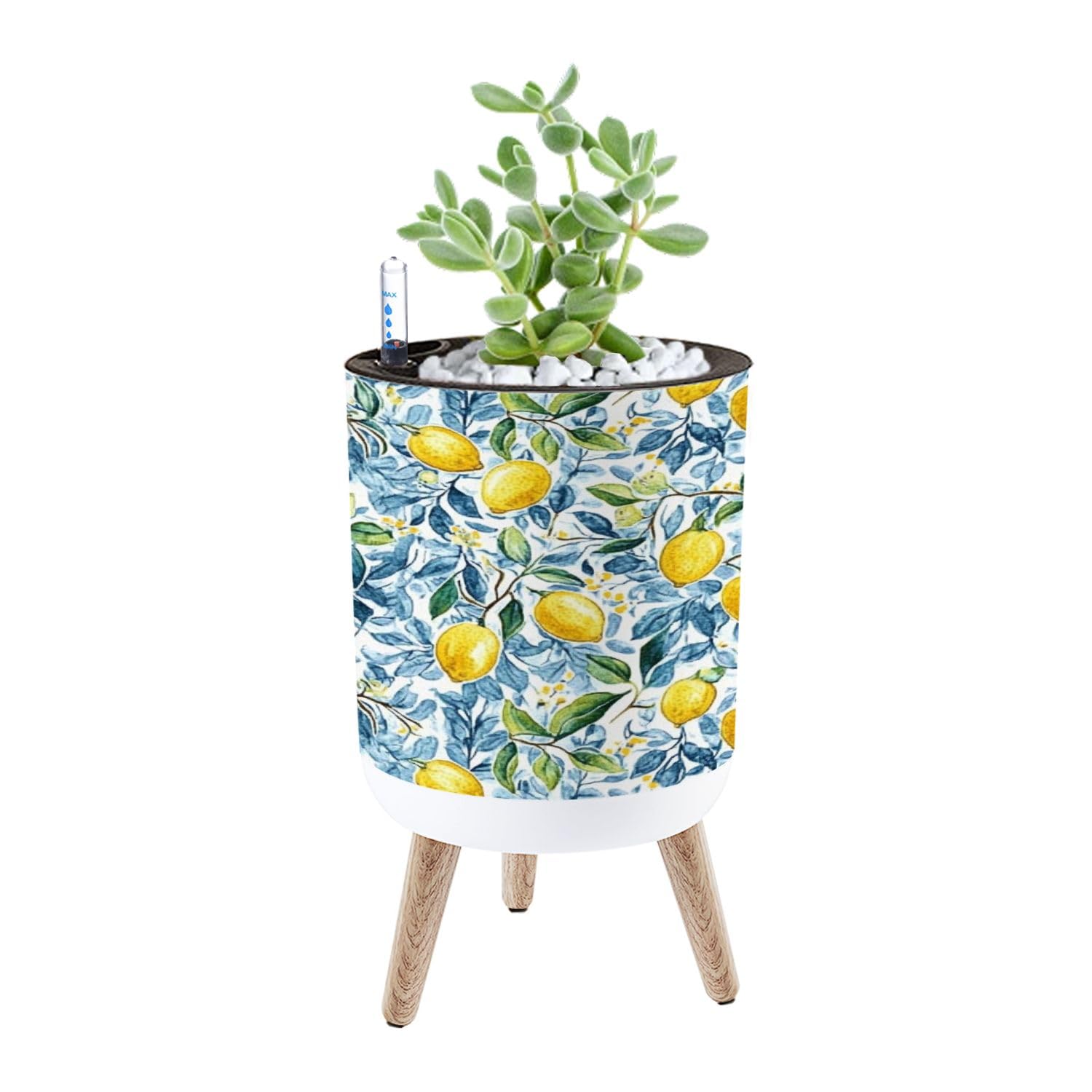 Übertopf mit Ständer, schönes nahtloses Muster, sizilianischer Stil, handgezeichnete Aquarell-Zitronen, 21,8 cm, selbstwässernder Blumentopf mit Beinen, Wasserstandsanzeige und Wassereinlass, fauler