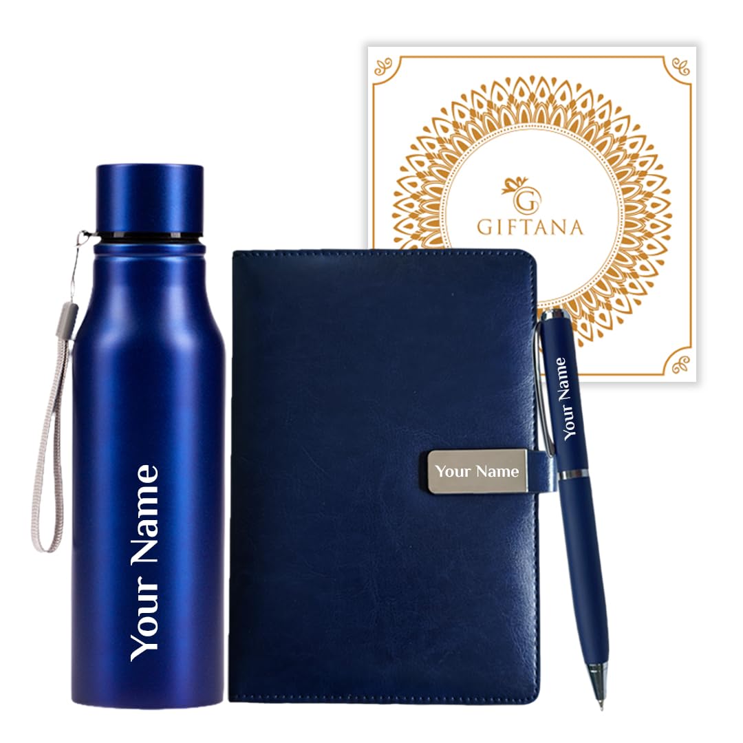 Giftana Personalized Diary with Pen, Water Bottle 750ml Gift Set for Men and Women, 3 in 1 Personalised Notebook Diaries Set for Husband, Father Customized New Year Corporate Gift for Employees (Blue)