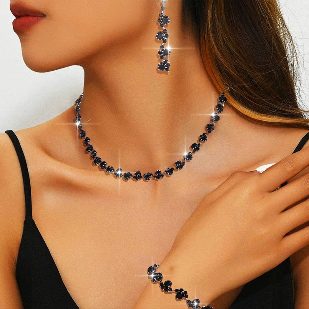 Aukmla Bridal Wedding Jewelry Set Silver Rhinestones Choker Necklaces Earrings Bracelet Sets Prom Jewelry for Women and Brides - Image 4