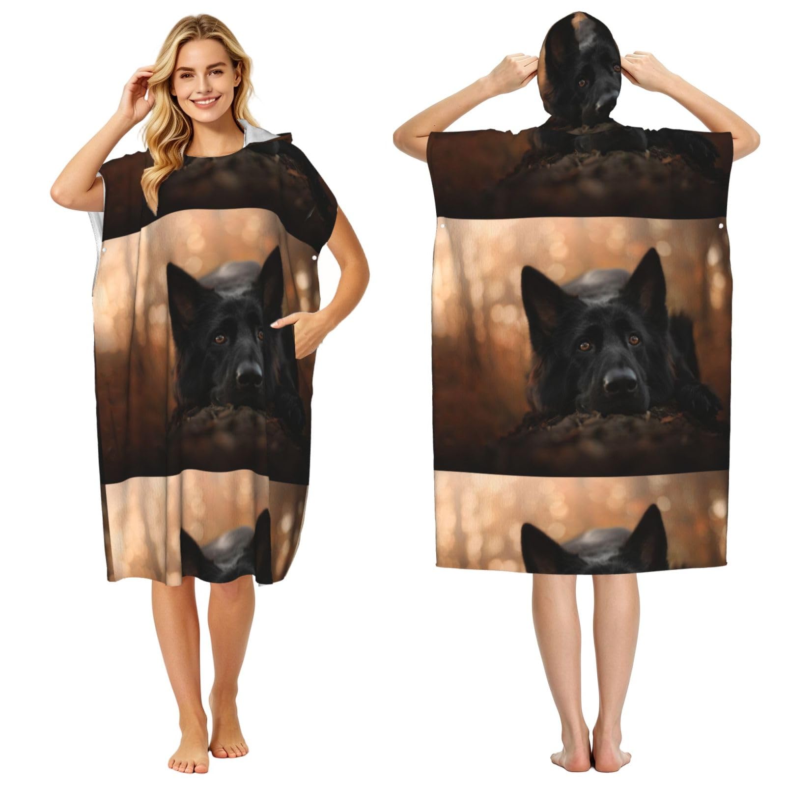Poadnly Black German Shepherd Bokeh Autumn German, Adult Hooded Beach Towel 90 x 110 cm,Changing Bath Robe, Surf Poncho Towel For Women Men