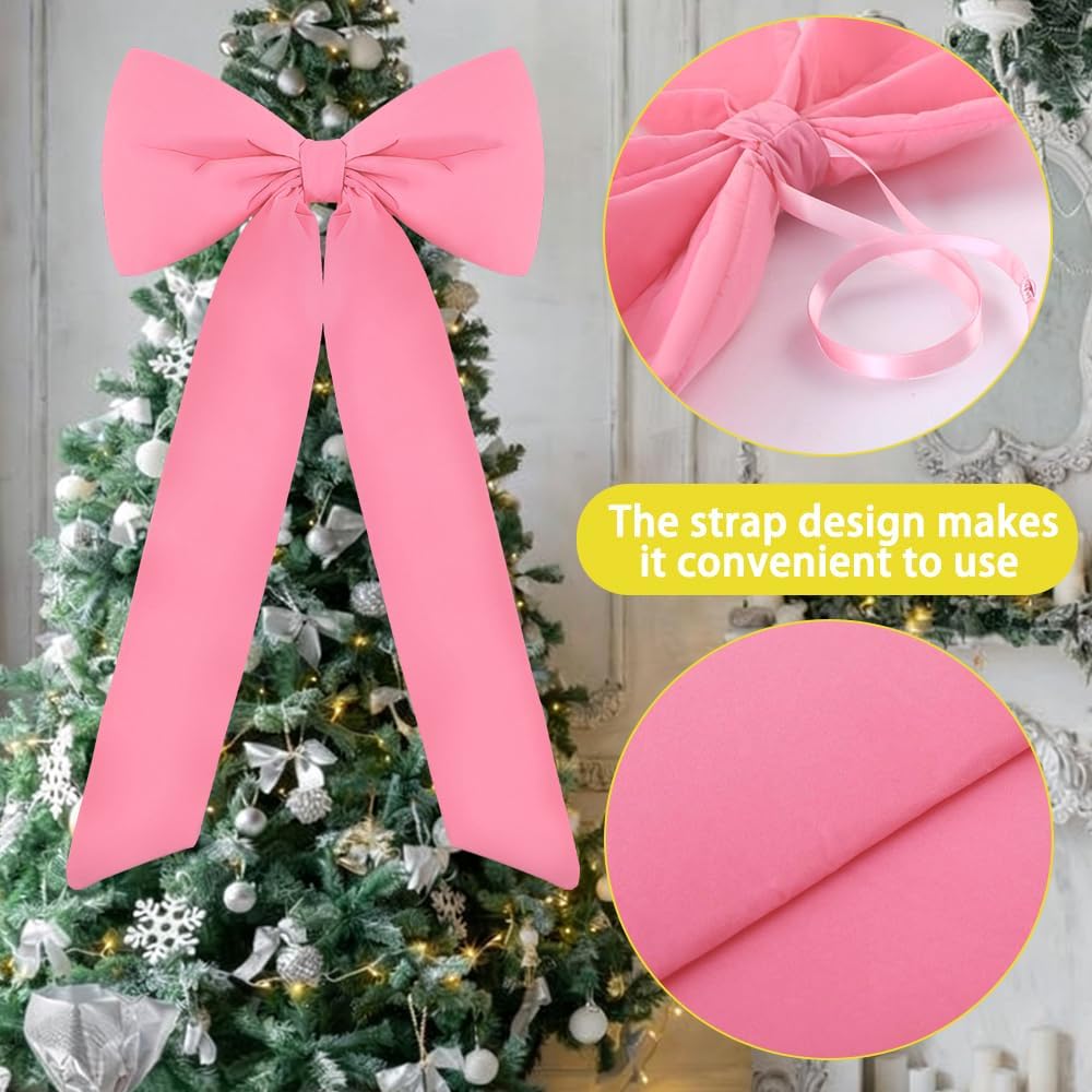 Large Christmas Bow Ornament 15x30 Inch Velvet Giant Wreath Bows Xmas Tree Topper Ribbon Hanging Bows for Christmas Holiday Home Wall Outdoor Indoor Party Garland Crafts Decoration(Pink) - Image 4