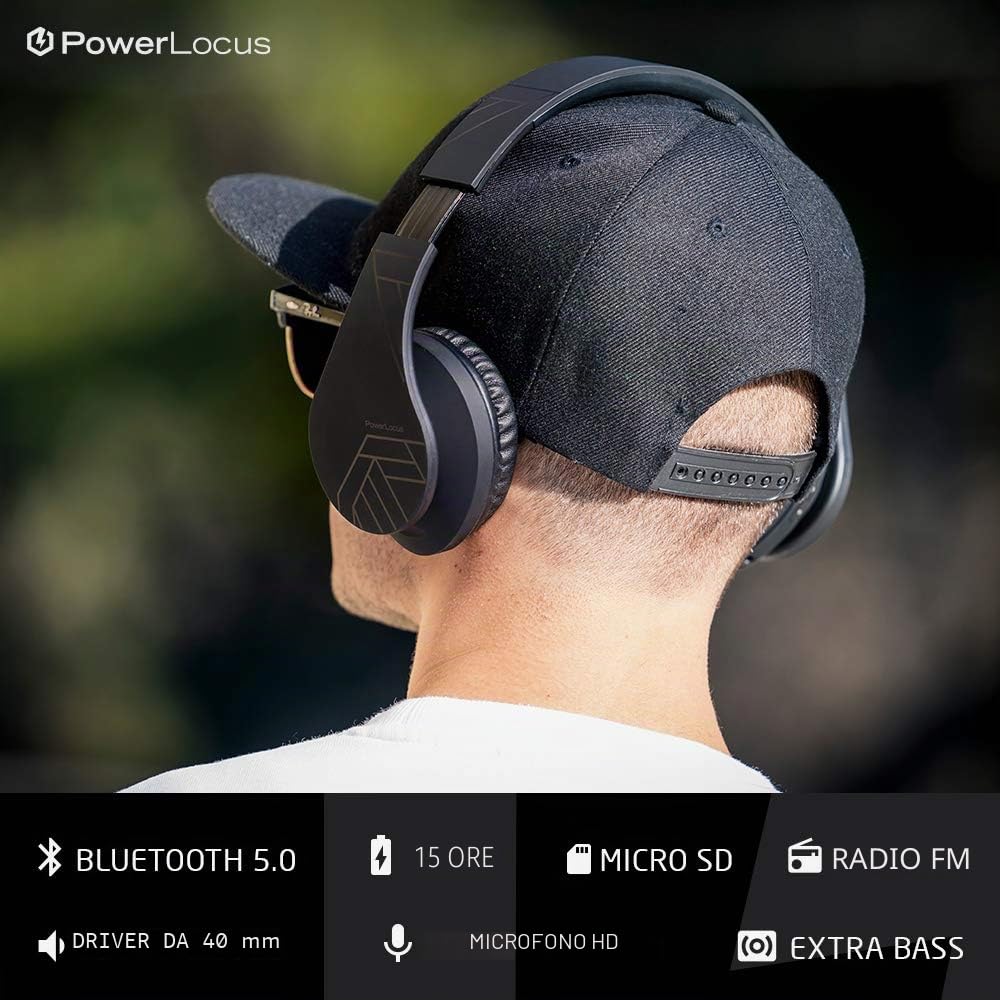 PowerLocus Cuffie Bluetooth Over Ear, Cuffie Wireless Bluetooth 5.3, Hi-Fi Stereo Suono, Senza Fili con Microfono, Pieghevoli, Micro SD/TF, FM Radio per Viaggio/Telefono/PC/Ufficio (Nero)
