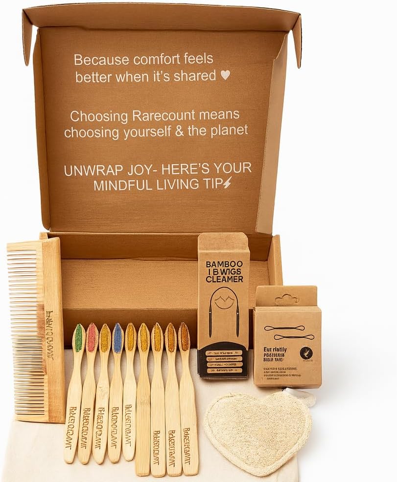 Zero Waste Bathroom Kit – Bamboo Toothbrush, Tongue Scraper, Natural Loofah, Bamboo Earbuds & Wooden Comb | Eco-Friendly Hygiene Set