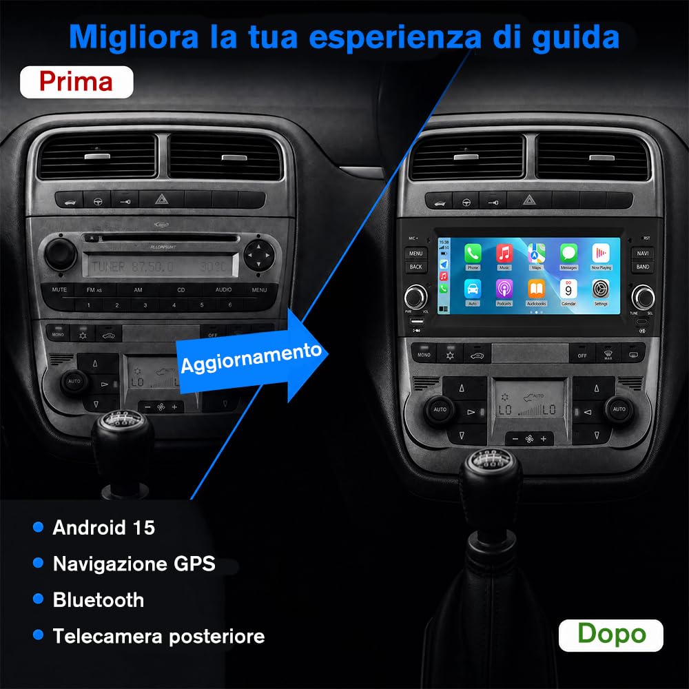 Autoradio 1 DIN per Fiat Grande Punto (2005-2012) 6,86" Android 15 Car Radio con Bluetooth Wireless CarPlay Android Auto WIFI GPS FM RDS Comandi al volante Telecamera posteriore (2GB+64GB)