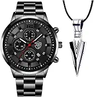 Relógio Masculino Premium "Matte Black" com Colar – Pulseira 22cm, Visor 41mm – Design Elegante e Minimalista – Aço Inoxidável – Acompanha Caixa Premium