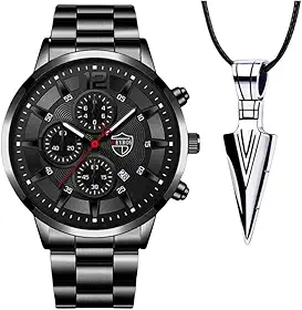 Relógio Masculino Premium "Matte Black" com Colar – Pulseira 22cm, Visor 41mm – Design Elegante e Minimalista – Aço Inoxidável – Acompanha Caixa Premium