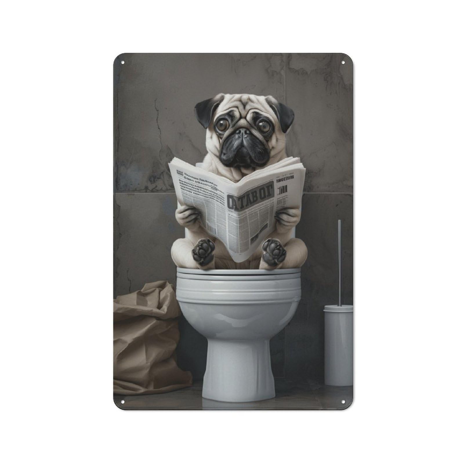 Junmoney Style-11 Metal Wall Sign 30X20cm Featuring Pug Reading Newspaper On Toilet For Hallway Wall, Suited To Wall Display Collectors