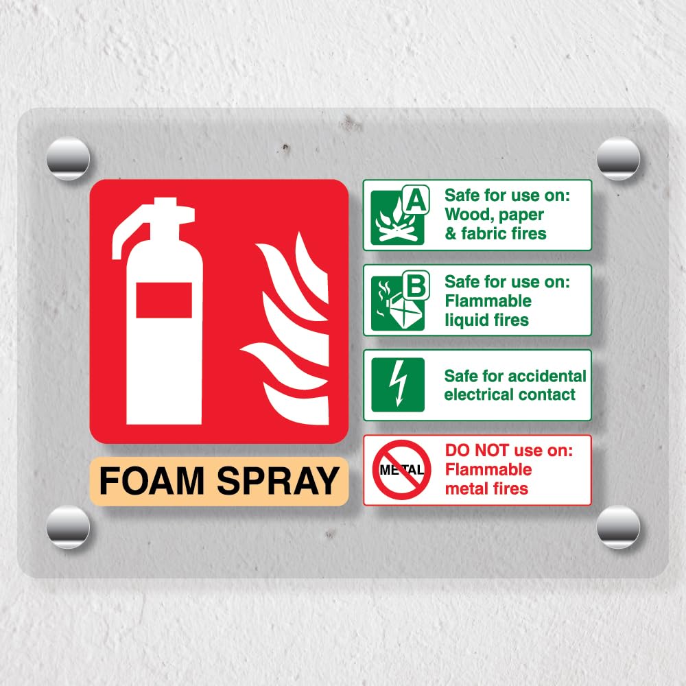 V Safety Foam Spray Safe For Electrical Fire Extinguisher - 150 x 100 mm - Acrylic Perspex Cast Clear Safety Sign