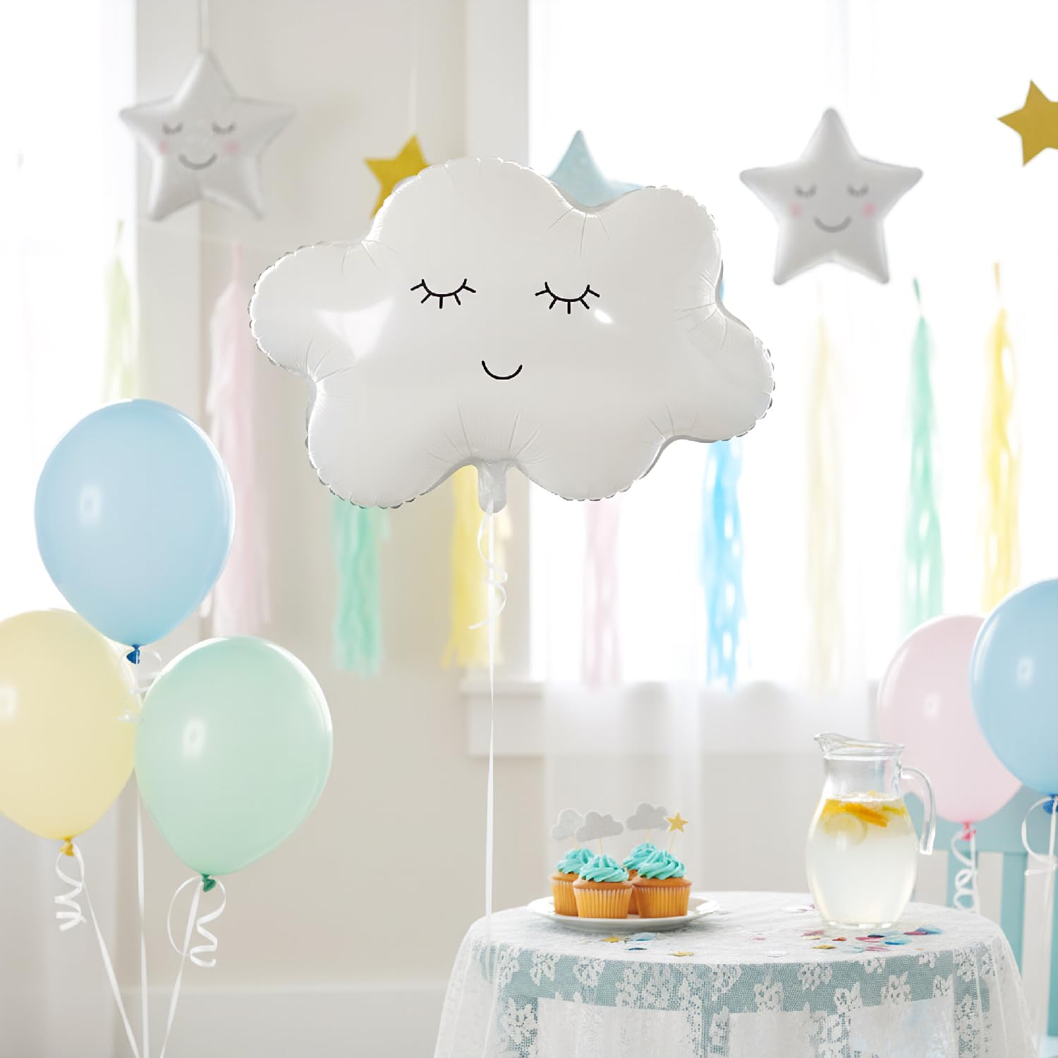 Hopzab 5PCS White Cloud Foil Balloons, Smiling Aluminum Balloons for Baby Showers Birthdays, Kids Party Decorations - Image 3