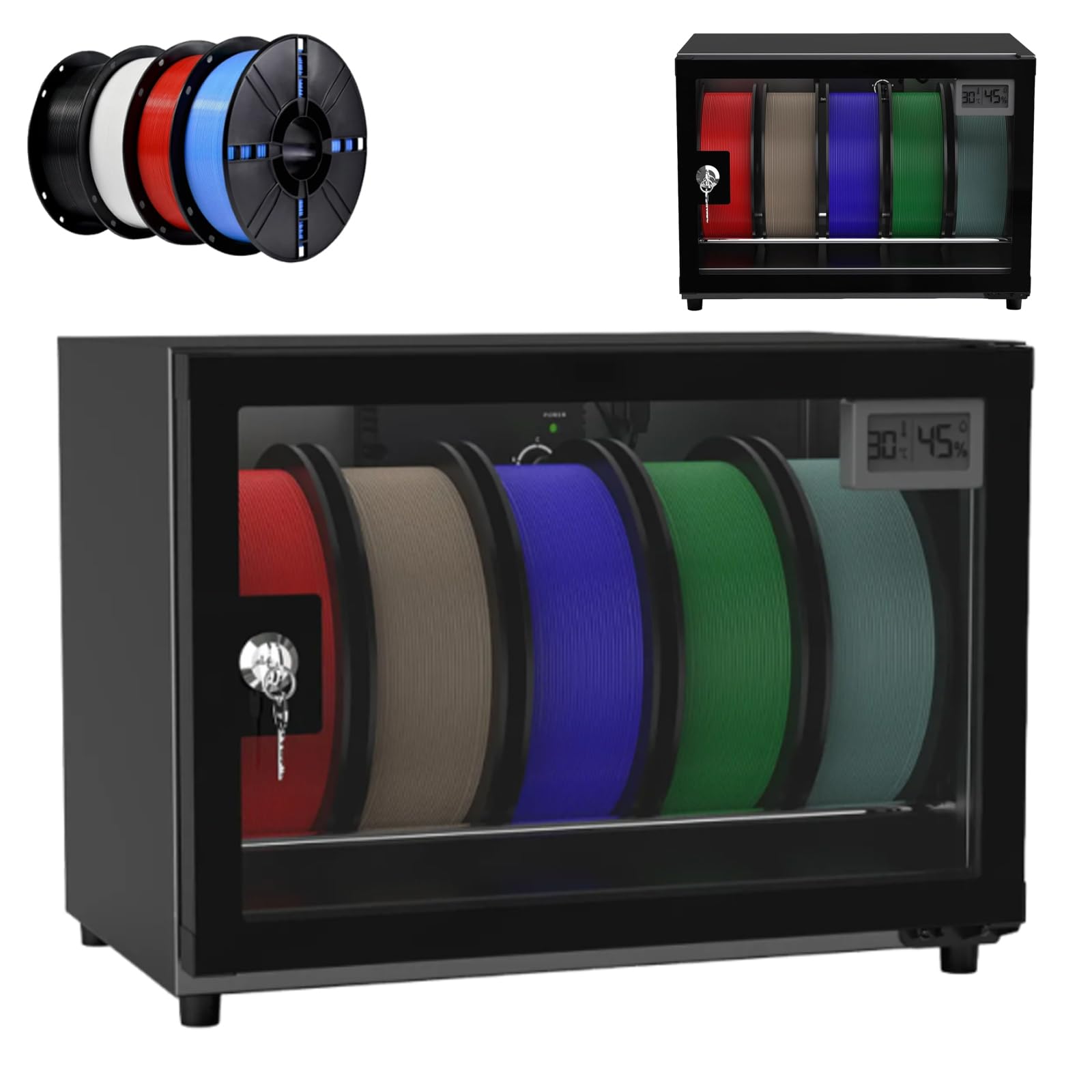 Control de gabinete deshumidificador de filamentos para impresora 3D con humedad y bloqueo seguro, caja de almacenamiento de filamentos de 25L, capacidad para 5 rollos para PLA/ABS/PETG