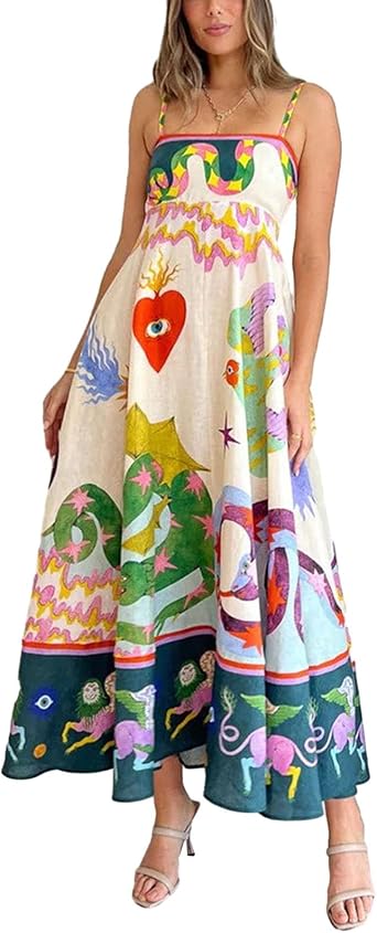 Women's Sexy Graffiti Printed Maxi Cami Dress Boho Sleeveless Spaghetti Strap Flowy Dress Y2k Floral Maxi Sun Dress