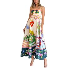 Women's Sexy Graffiti Printed Maxi Cami Dress Boho Sleeveless Spaghetti Strap Flowy Dress Y2k Floral Maxi Sun Dress