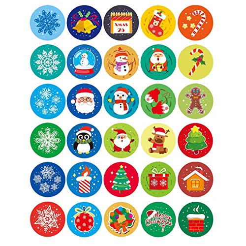 UNOMOR New Year Stickers Christmas Stickers, 500 Assorted Adhesive Roll Stickers 30 Patterns in 5 Rolls, Diameter 1 1?2