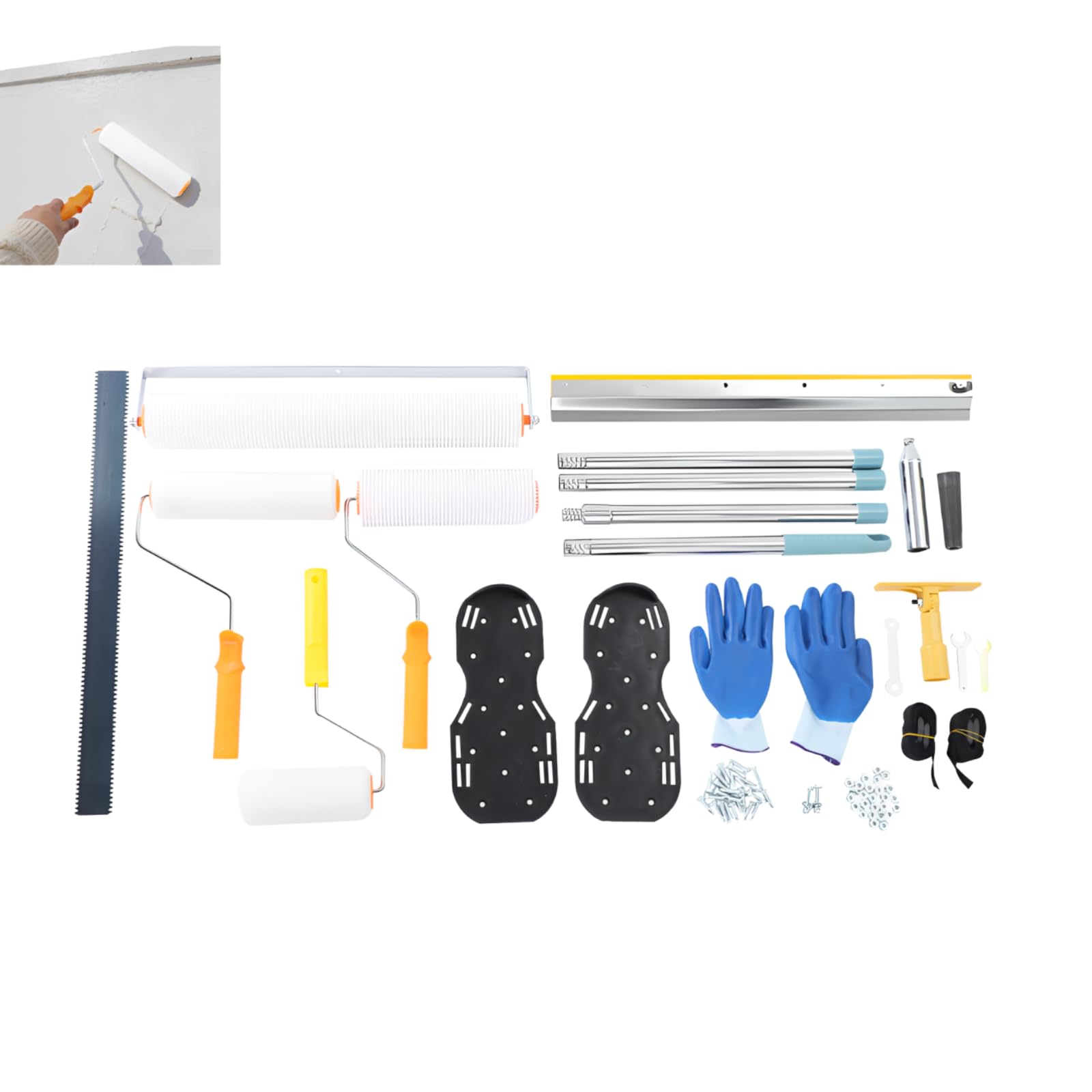 Bodenbeschichtung Entlüftungsroller Set, Komplettes selbstnivellierendes Zementwerkzeug-Set, Enthält 2x Entschäumungswalzen, 2x Farbroller, Zahnrakel, Spikeschuhe, Handschuhe