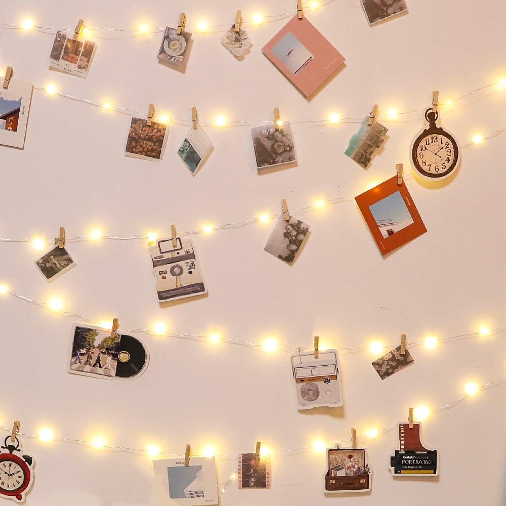 Photo Clip String Lights 50 LED String Lights with 50 Wooden Clips and 20 Non-Trace Nail for Hanging Card, Polaroid, Picture for Dorm Bedroom Wall Wedding Birthday Party Decoration