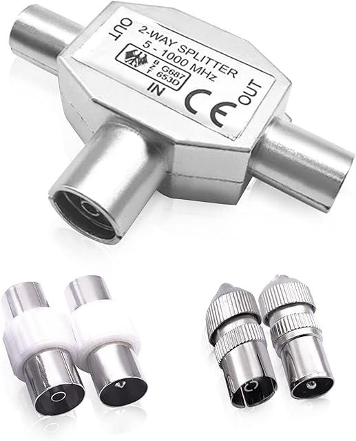 SmartMaster TV Aerial Splitter 2 Way, Cable TV Coax Splitter with Female and Male TV Aerial Adapter, Male to Male and Female to Female Aerial Connector