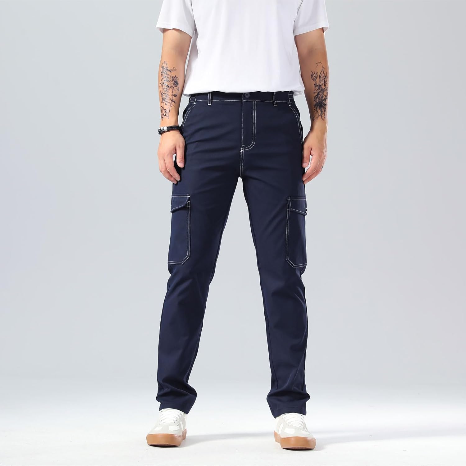 Plaid&Plain Mens Cargo Pants Slim Fit with Contrasting Topstitching and Multi-Pocket - Image 9