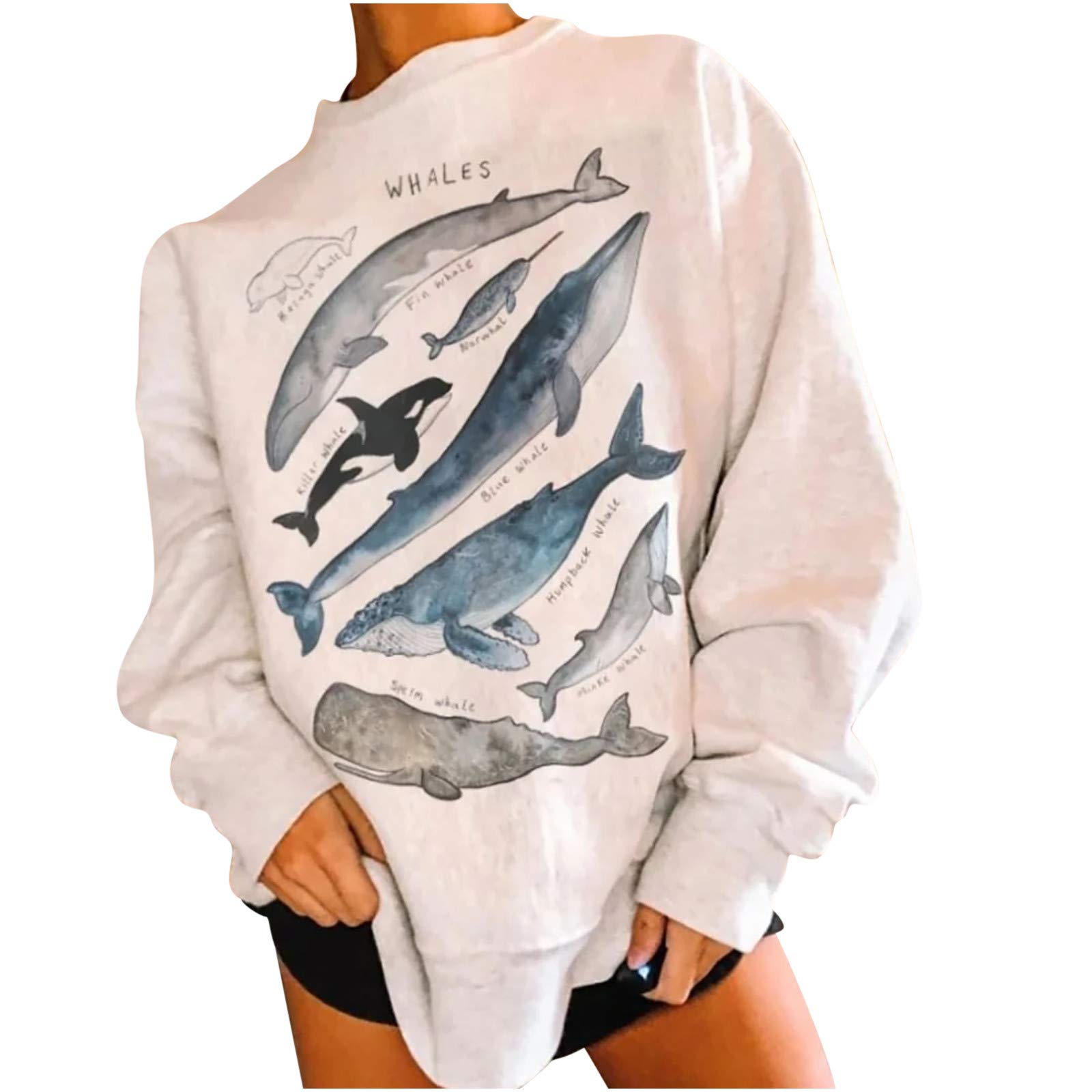 61uourGE Womens Fashion Sweatshirt with Sea Animal Graphic Long Sleeve Crewneck Pullover Shirt Tops (White,XL)