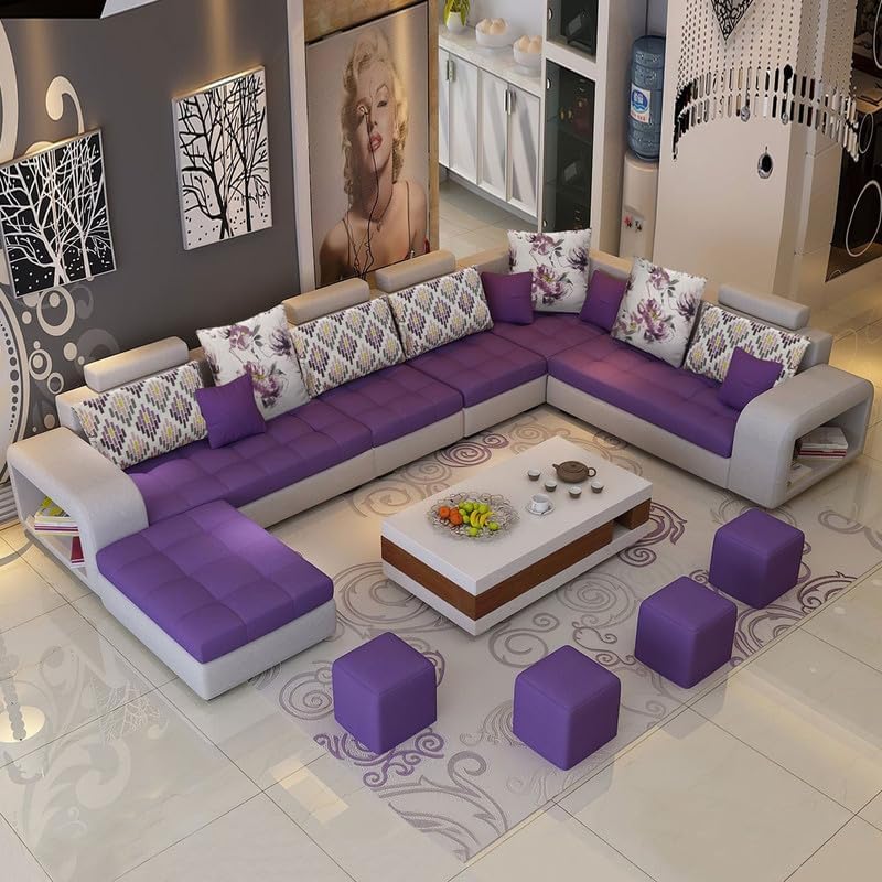 Image of Torque Allister 12 Seater Sofa Set for Living Room (Purple) | Interchangeable U Shape Sectional Sofa | Solid Wood Frame & High-Density Supersoft Foam | Includes Puffy & Stool | Modern Home Furniture