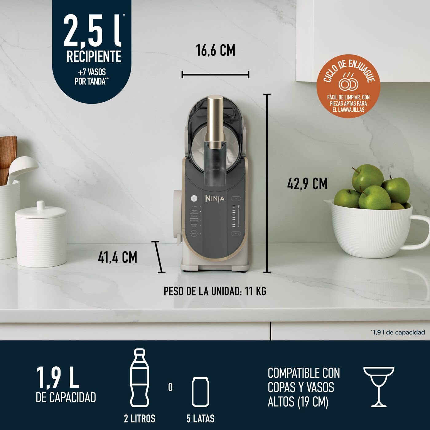 Ninja SLUSHi, Máquina de Bebidas Heladas, Piedra Dorada, FS301EUSTGD | Con Tecnología WhisperChill, Prepara Granizados, Cócteles Helados, Frappés, Batidos y Zumos Helados sin Hielo, 1,9L