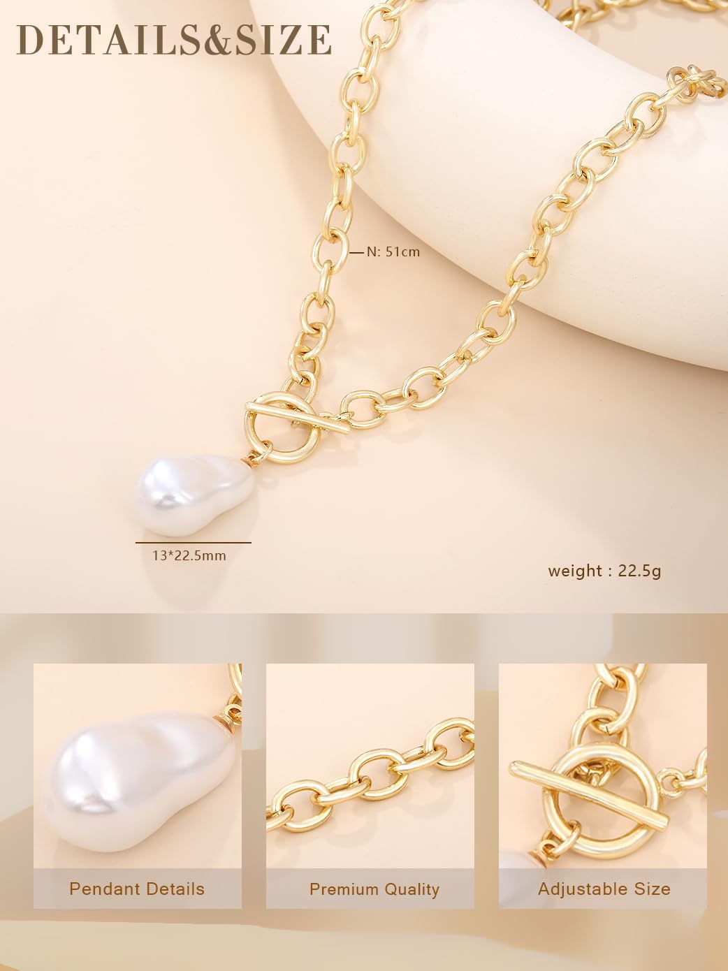 Baroque Pearl Necklace for Women, Chunky Gold Plated Chain with Front OT Clasp, Statement Thick Pendant Necklace, Dainty Jewelry Gift - Image 5