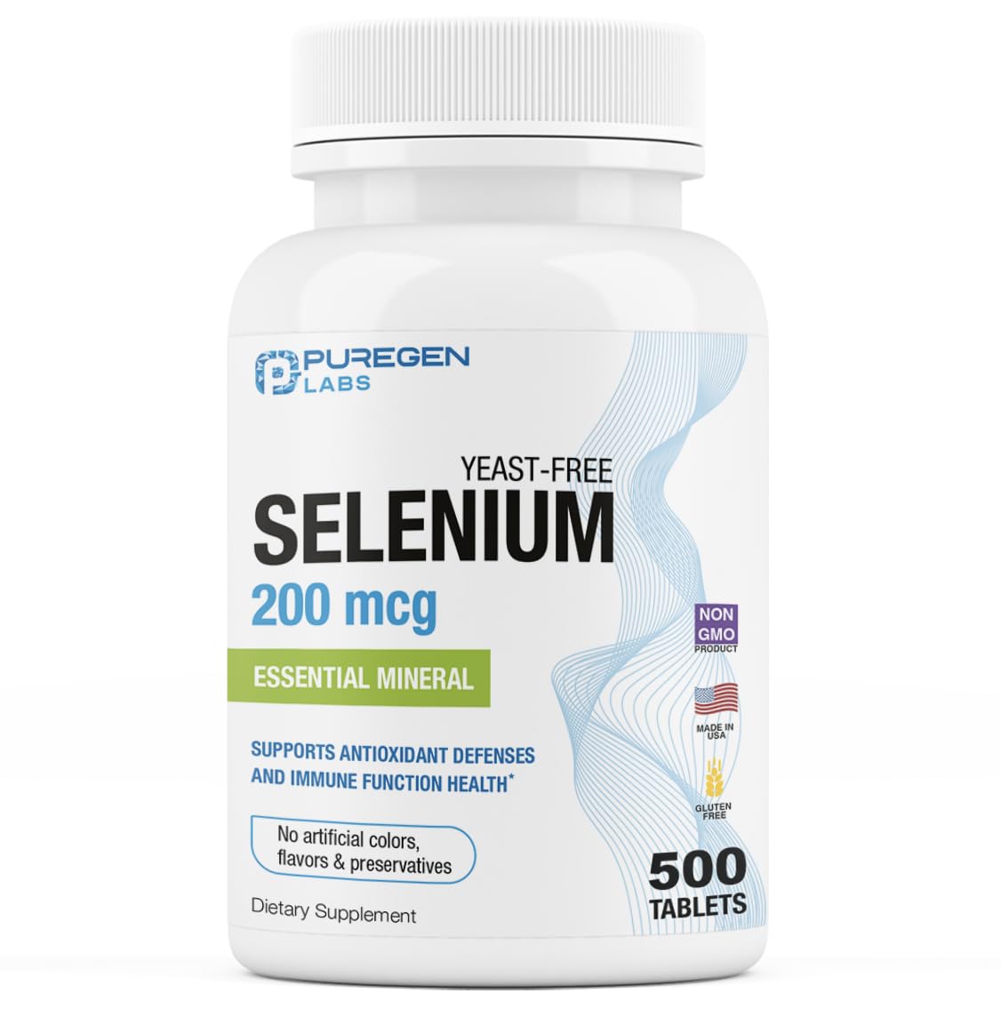 Puregen Labs Selenium 200 mcg Yeast Free Essential Mineral - 500 Vegetarian Tablets | Immune & Antioxidant Support | Non-GMO, Gluten Free, Made in USA