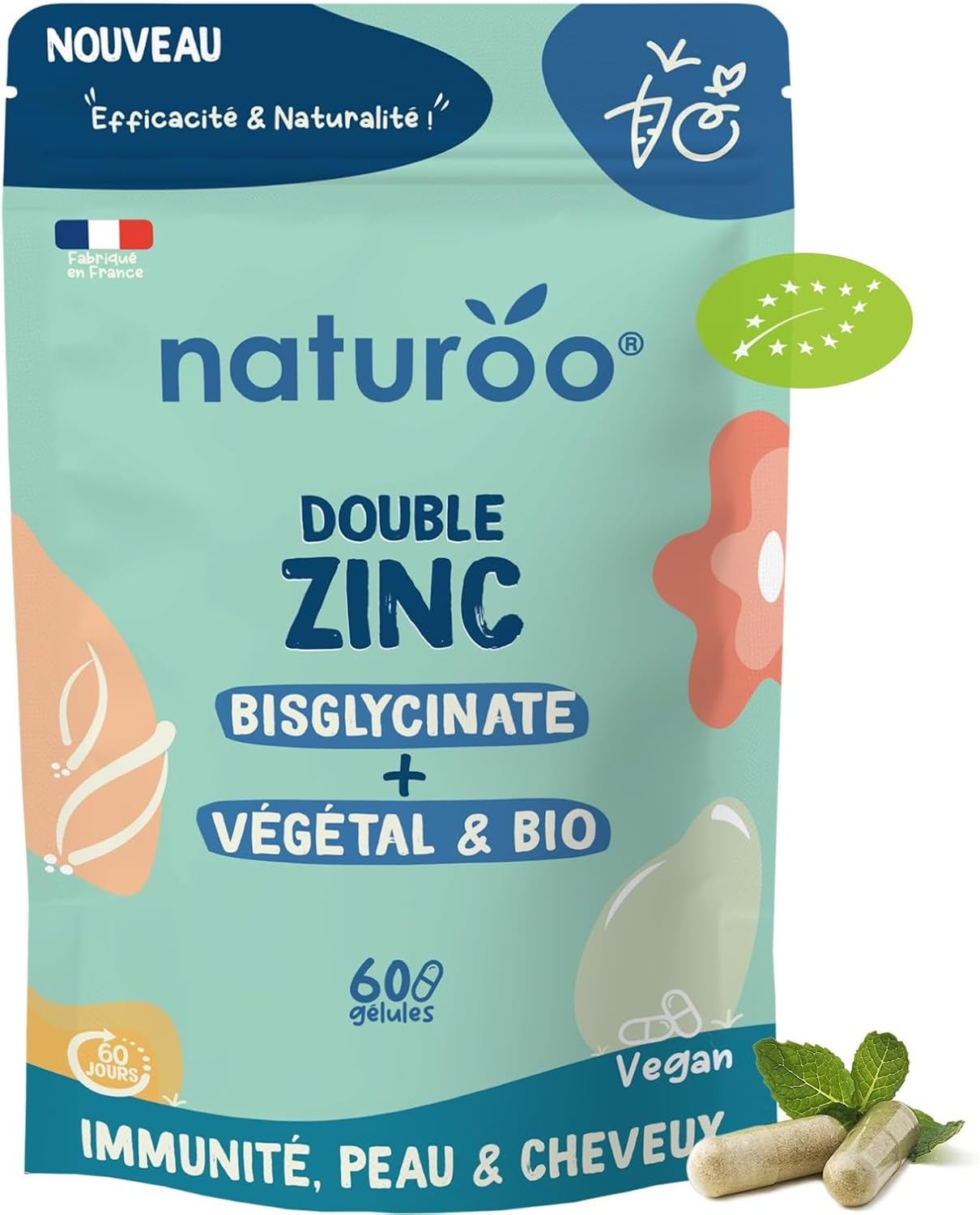 Bio Double Zinc: Bisglycinate & Vegetable Zinc – 60 Vegan Capsules (2 months) – Immunity, Skin, Hair, Fertility, Vitamins B6 & B2 – Made in France