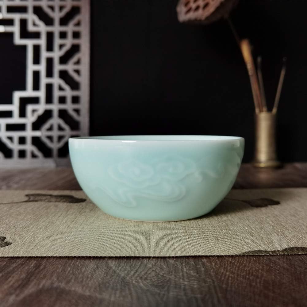 Chinese Rice Bowls 10-Ounce 4.5 inch Celadon Glazed Cereal Bowl Embossed with Auspicious Clouds Porcelain(Set of 4) (Sky Blue)