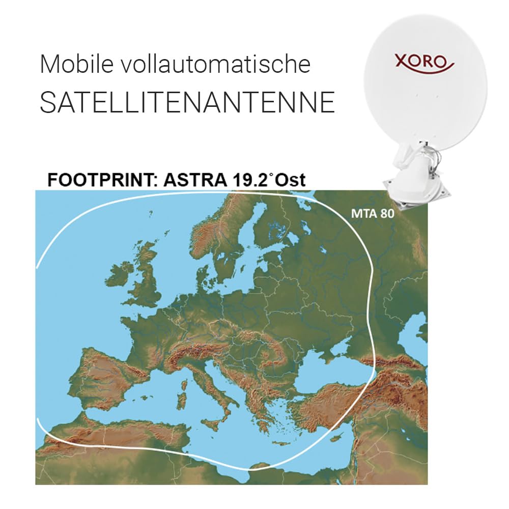XORO MTA 80 - vollautomatische 80 cm Satellitenantenne, Einsatz stationär & mobil, 12/24 V Betrieb, inkl. Steuergerät, Installationskabel & Zubehör, Weiss