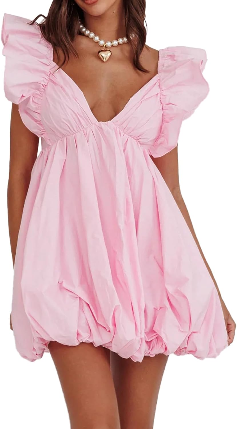 hibshaby Summer Mini Dress Deep V-Neck Babydoll Dress Bubble Dress Backless Lace Up Sexy Short Dress - Image 6