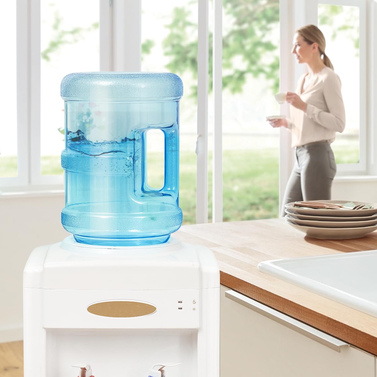 CLISPEED Botella de agua de 5 galones con tapa rosca, plástico grado alimenticio, botella agua mineral, contenedor fácil agarre, asa transporte para viajes al aire,