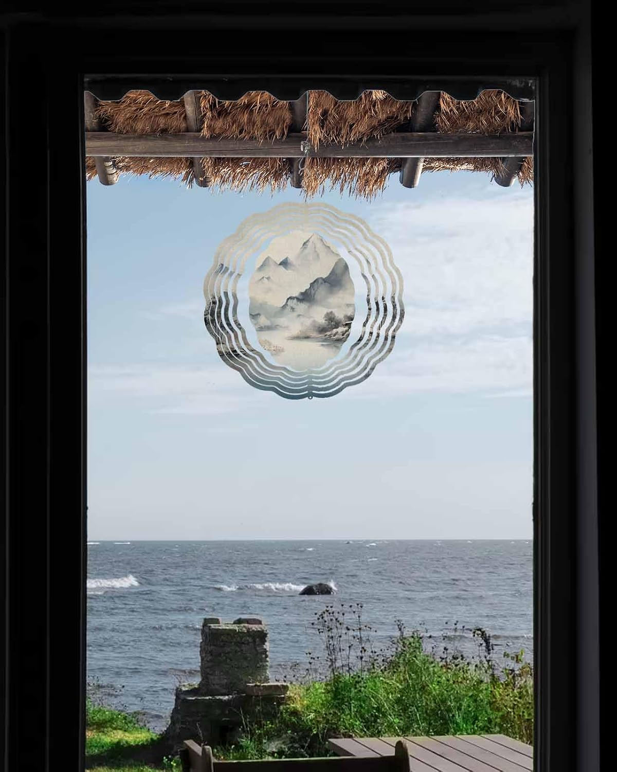 Outdoor Wind Spinner Blanks, Mountains Rivers Vintage Chinese Ink Painting Landscapes Trees,Wind Sculptures 3D Visual Round Decoration for Garden,Front Door, 12 Inch