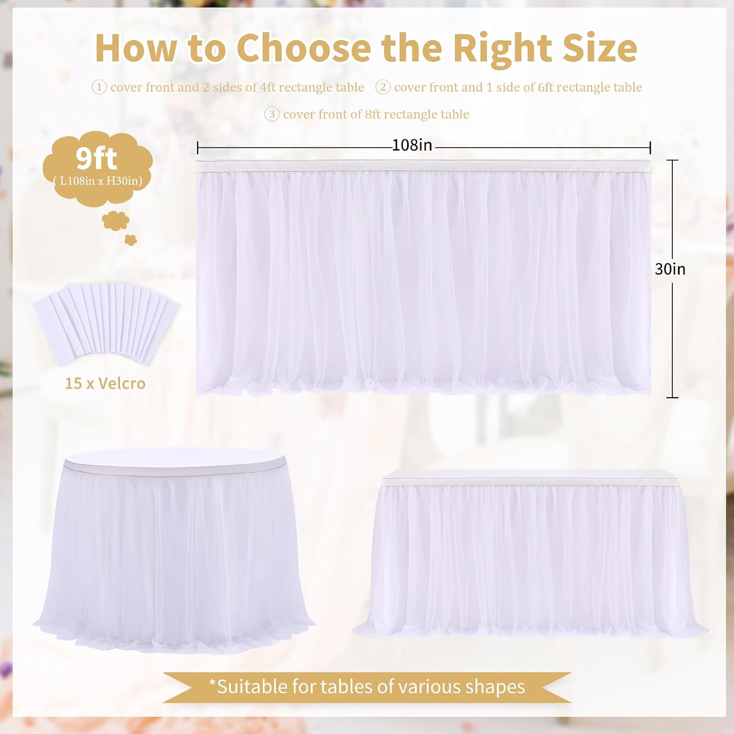 QueenDream 108in White Tutu Table Skirt Rectangle Tables or Round Tables Bridal Shower Tulle Tablecloth for Baby Shower Girls Parties Cake Dessert Table Decorations Ruffle Table Skirting
